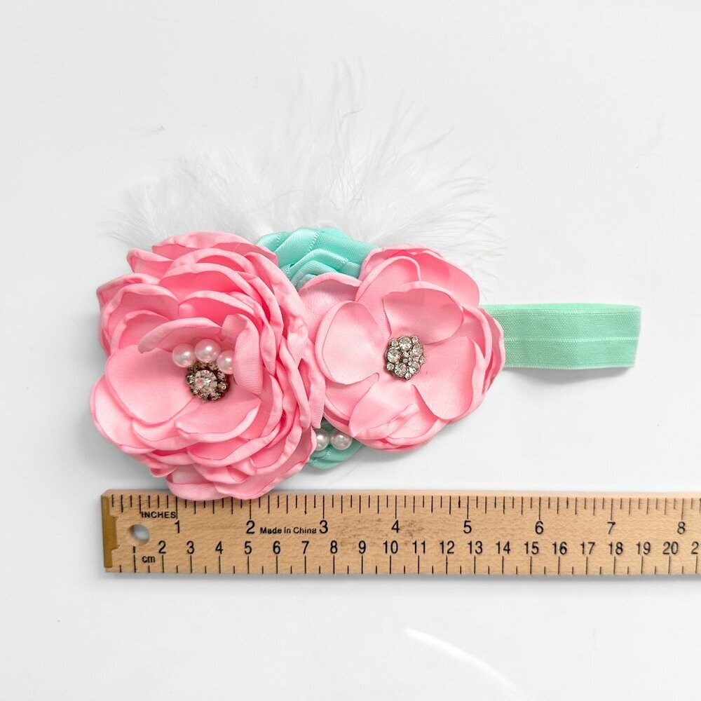 NWT Pretty Vintage Inspired Girls Headband Floral Beaded Feathers Pink & Mint OS - Picture 2 of 2